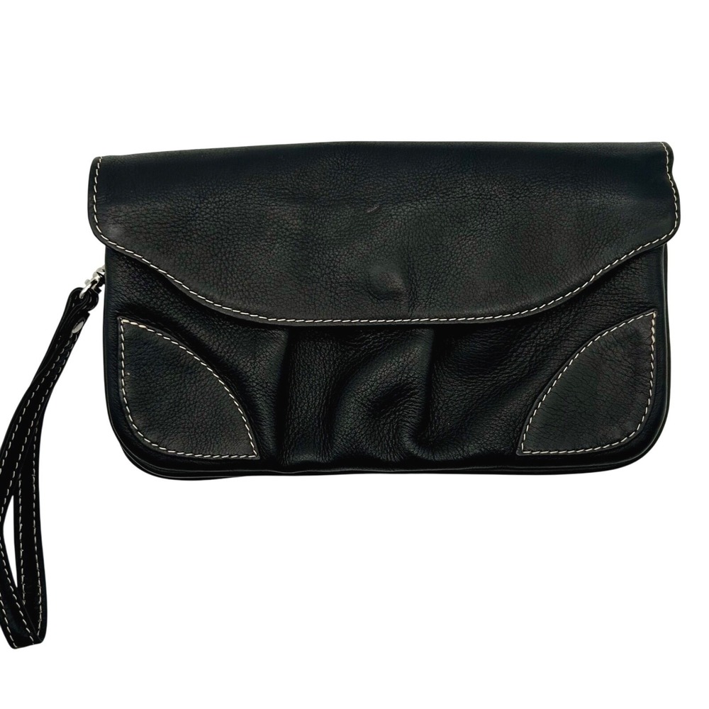 Piel Black‎ Leather Clutch Wristlet Purse White Stitching